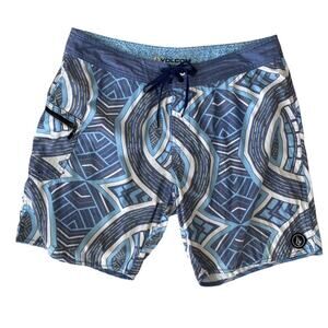 Volcom Blue and White Flat Front Board Shorts - Size 34